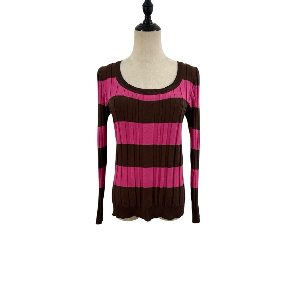 Vtg 90s Y2K Pout Ribbed Striped Knit Top Sz L Junior Brown Pink Stretch Punk Emo